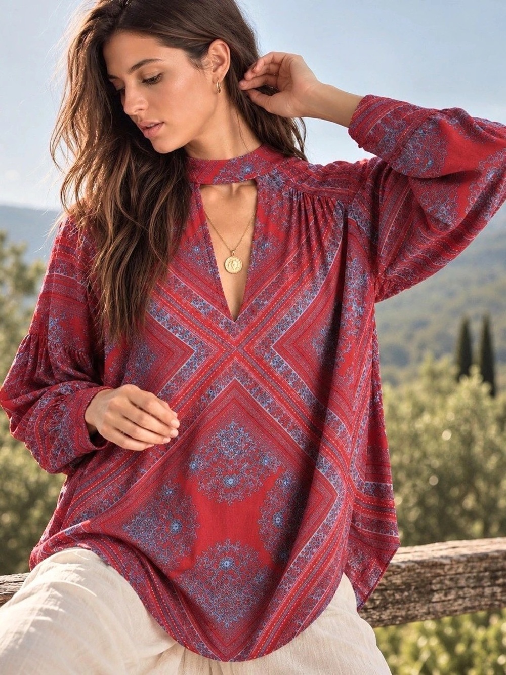 Free People Walking on a Dream Tunic Top XS Red Blue Paisley Keyhole Boho